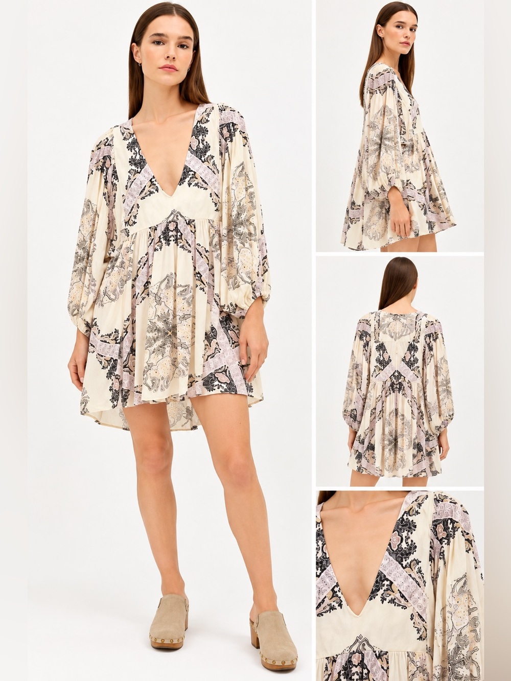 Free People Flowy Floral Cream Boho Tunic “Girl Talk” Dress Size Medium